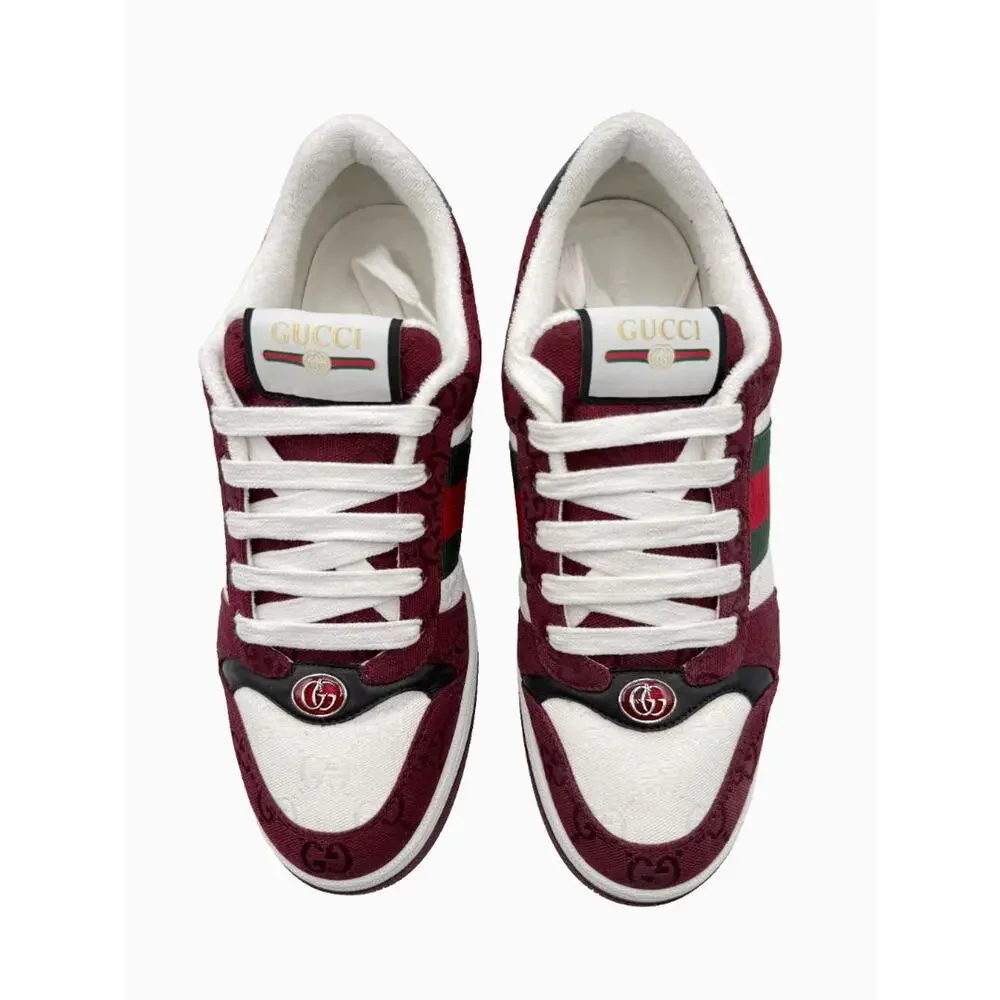 Gucci Mens GG Monogram Web Stripe Low Top Sneakers Burgundy Ivory Size 8 Italy